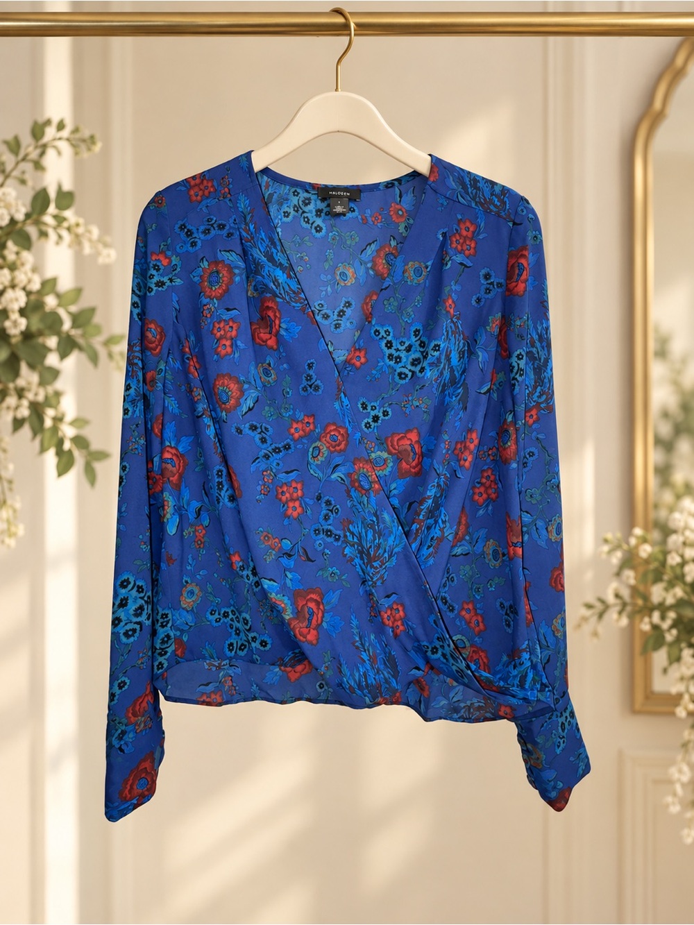 Halogen Blue Floral Faux Wrap Surplice Long Sleeve Blouse Size S